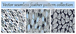 Vector seamless pattern or texture collection,set. Feather prints.