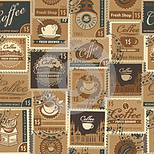 Seamless pattern with postage stamps on coffee theme