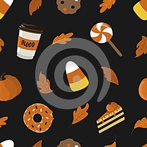 Vector seamless pattern on the theme of halloween with pumpkins, lollipops, donuts, cakes and autumn foliage