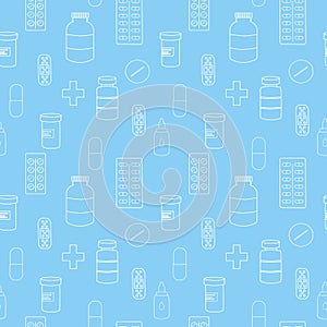 Vector seamless pattern on the theme of pharmacy, drugstore, medicines, drugs, vitamins. various tablets and pills on blue back