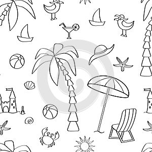 Vector seamless pattern on the theme of rest on the sea, coloring page