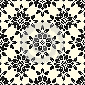 Vector seamless pattern. Tile in retro style with sunflowers. Stylized flower in square geometric pattern for wallpaper