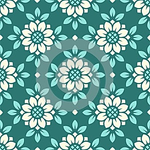 Vector seamless pattern. Tile in retro style with sunflowers. Stylized flower in square geometric pattern for wallpaper