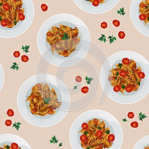 Vector seamless pattern of top view of conchiglie pasta in sauce and herbs with tomatoes and parsley in white plate