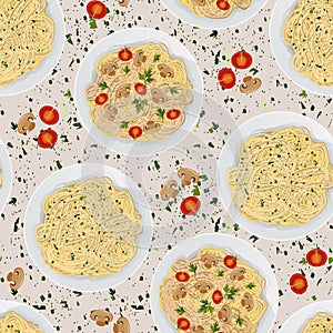 Vector seamless pattern of top view of pasta with tomatoes, champignon mushrooms and parsley in white plate