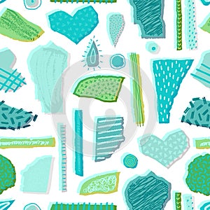 Vector seamless pattern. Torn paper decorated paint and ink spots. Different shapes with rough ribbed and jagged edges