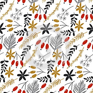 Vector seamless pattern with the traditional Christmas floral elements. Hand drawn christmas tree branches. Used for