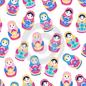 Vector seamless pattern with traditional Russian wooden dolls. Colorful nesting matryoshkas on white background