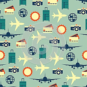 Vector seamless pattern of travelling on airplane. Tourism background