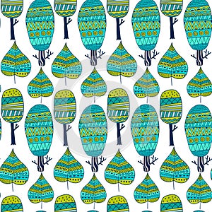 Vector seamless pattern tribal leaf and trees. Tribal forest pattern. Nature backdrop, repeated background.