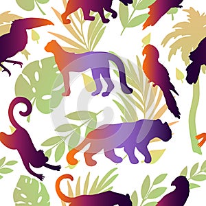 Vector seamless pattern with tropical animals, birds and leaves.