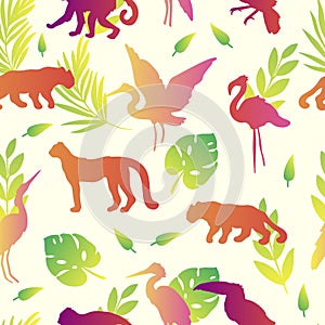 Vector seamless pattern with tropical animals, birds and leaves.