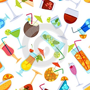 Vector seamless pattern with tropical cocktails, juice, wine and champagne glass.