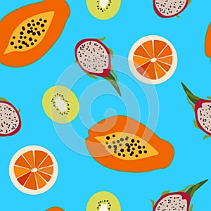 Vector seamless pattern of tropical exotic fruits.