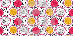 Vector seamless pattern with tropical fruits. Healthy dessert. Fruity background. Dragon fruit, passionfruit, fig