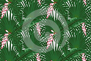 Vector seamless pattern of tropical leaves, floral tropical natural elements. Exotic flowers, twigs and leaves. Botanical