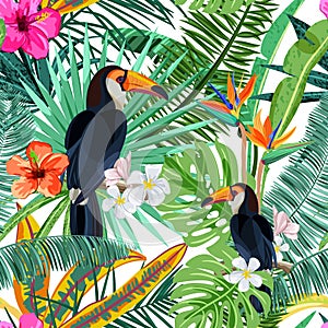 Vector seamless pattern with tropical palm leaves, flowers and bird toucan. Summer design for fashion textile prints photo