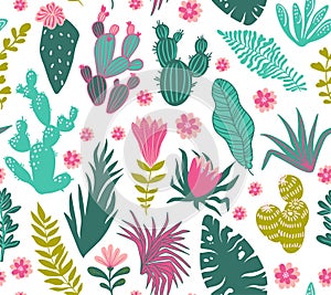Vector seamless pattern of tropical plants, cacti, succulents, flowers.