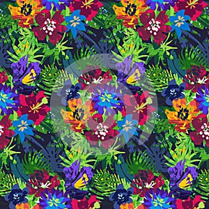 Vector seamless pattern with tropical plants and flowers.