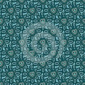 Vector seamless pattern with turquoise hearts. Pattern in folk style.