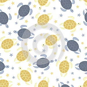 Vector seamless pattern with turtle.Underwater cartoon creatures.Marine background.Cute ocean pattern for fabric