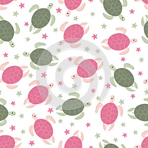 Vector seamless pattern with turtle.Underwater cartoon creatures.Marine background.Cute ocean pattern for fabric