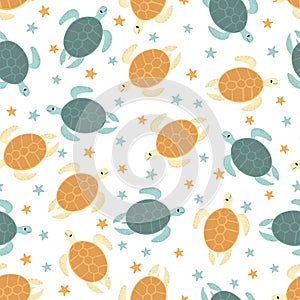 Vector seamless pattern with turtle.Underwater cartoon creatures.Marine background.Cute ocean pattern for fabric