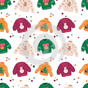 Vector seamless pattern with ugly sweaters set for Christmas party.