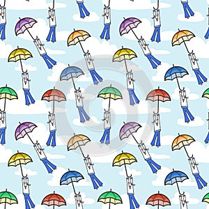 Vector seamless pattern with umbrellas flying at sailors.