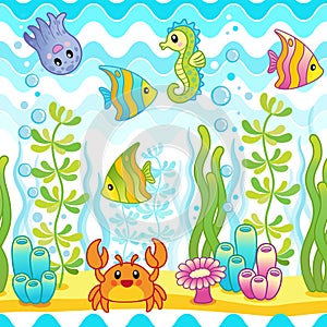 Vector seamless pattern with underwater design and funny sea creatures.