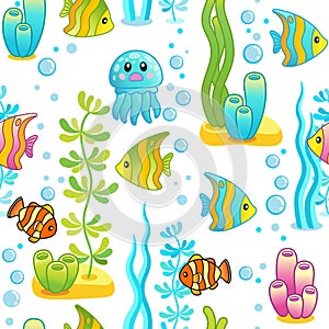 Vector seamless pattern with underwater design and funny sea creatures. Aquarium Party Surface Design with Bright fishes, red crab