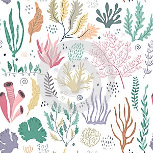 Vector seamless pattern with underwater ocean coral reef plants