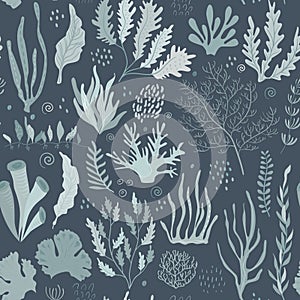 Vector seamless pattern with underwater ocean coral reef plants