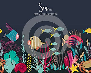 Vector seamless pattern with underwater ocean coral reef plants, corals and exotic fish