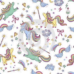 Vector seamless pattern of unicorn, clouds, rainbow and magic wand