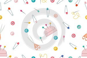Vector seamless pattern using sewing tools. Vector illustration in a flat style