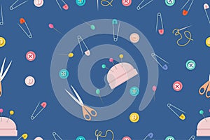 Vector seamless pattern using sewing tools. Vector illustration in a flat style