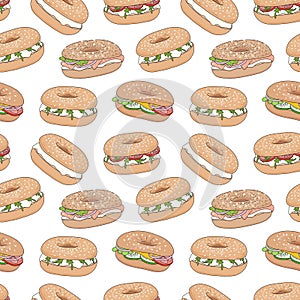 Vector seamless pattern with various fresh bagel sandwiches.