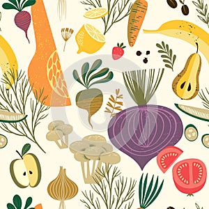 Vector seamless pattern with vegetables and fruit.
