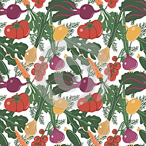 Vector seamless pattern with vegetables. Gardening. Springtime. Hand