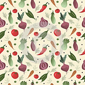 Vector seamless pattern with vegetables on a light background for printing onto fabric, wrapping paper