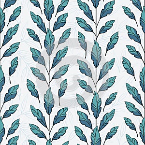Vector seamless pattern with vertical foliate branches with blue leaves.