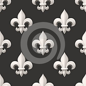 Vector Seamless Pattern with Vintage 3d Realistic White Fleur De Lis Closeup on Black Background. Heraldic Lily, Front