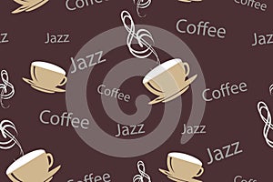 Vector seamless pattern in vintage or retro coffee style. Coffee cups with musical treble clef, words jazz and coffee on