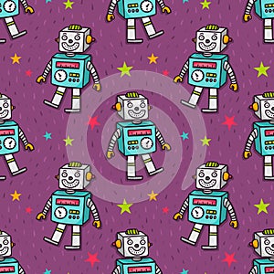 Vector seamless pattern with vintage toy robot