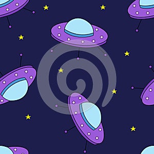 Vector seamless pattern of violet flying saucer. Element of transport icon. Premium quality graphic design. Sign and