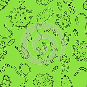Vector seamless pattern, viruses and bacteria on a green background