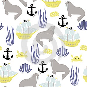 Vector seamless pattern with walrus, ship, crab, anchor, seaweed.Underwater cartoon creatures.Marine background.Cute