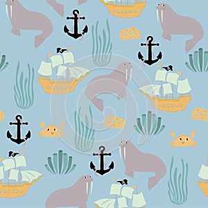 Vector seamless pattern with walrus, ship, crab, anchor, seaweed.Underwater cartoon creatures.Marine background.Cute