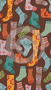 Vector seamless pattern with warm socks. Texture with knitted clothes. Wallpaper with stockings and golfs